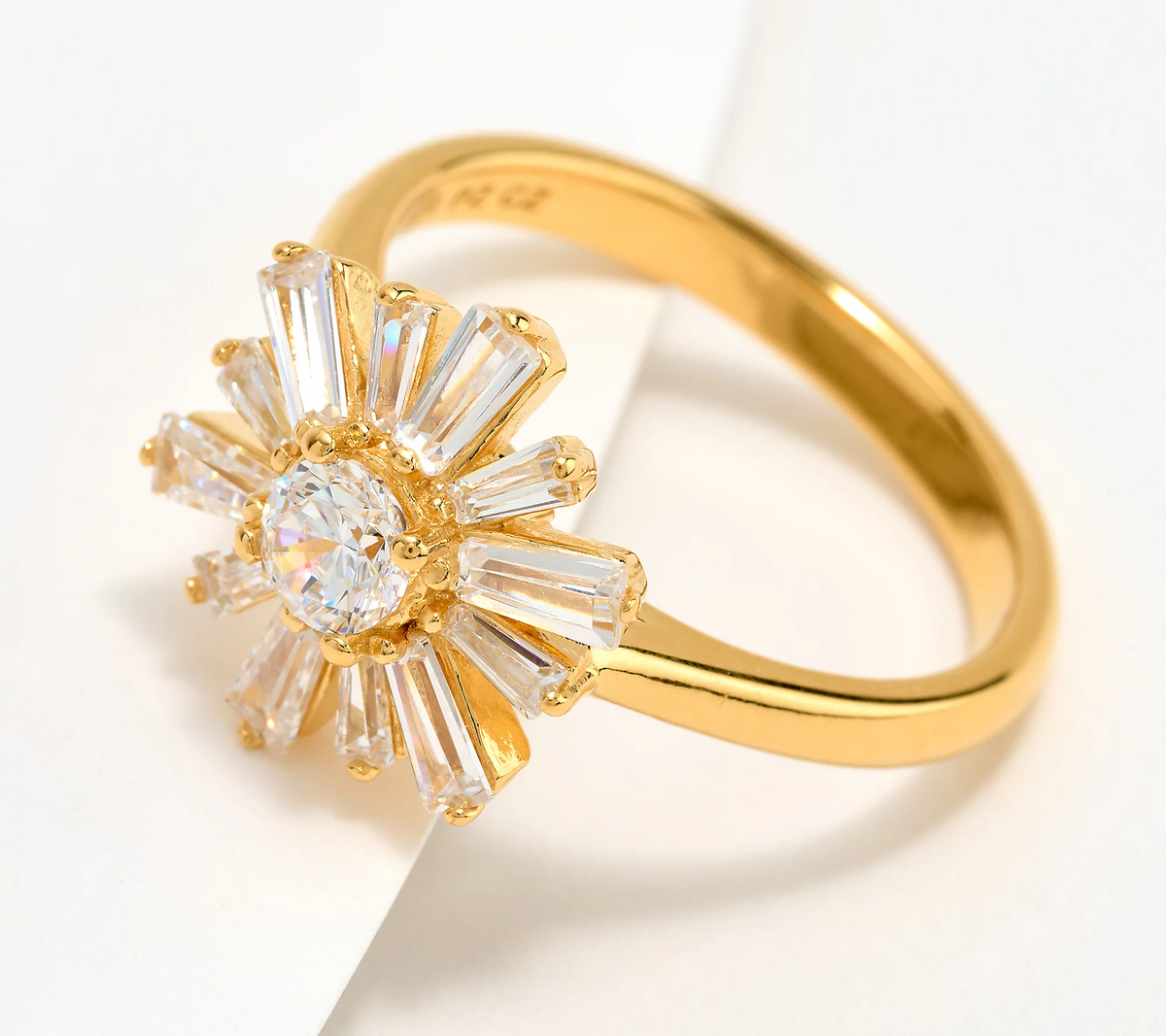 Diamonique Sunburst Ring, Gold Plated Sterling Silver, Size 8