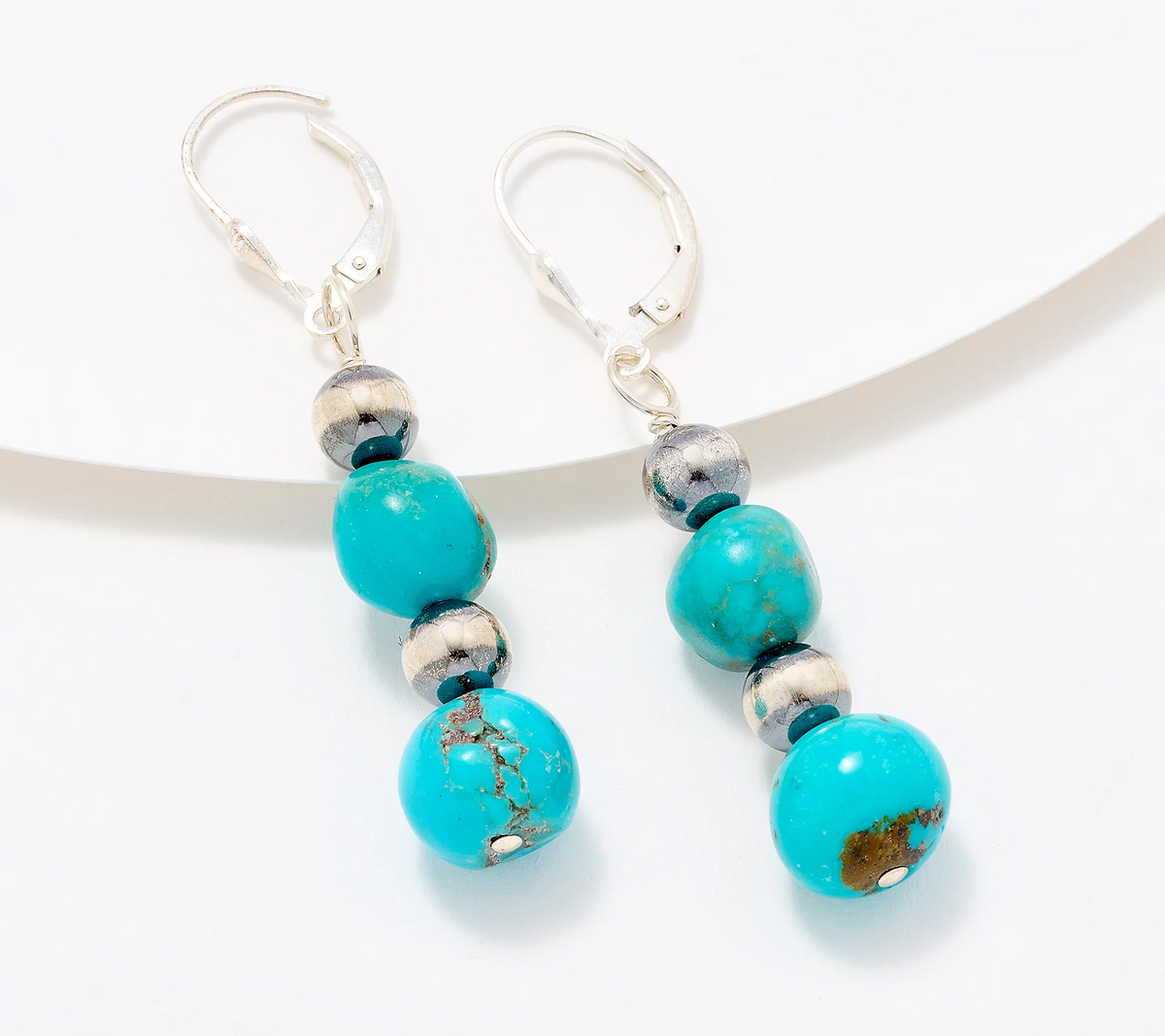 American West Sterling Silver Turquoise Bead Lever Back Earrings, Size 2"