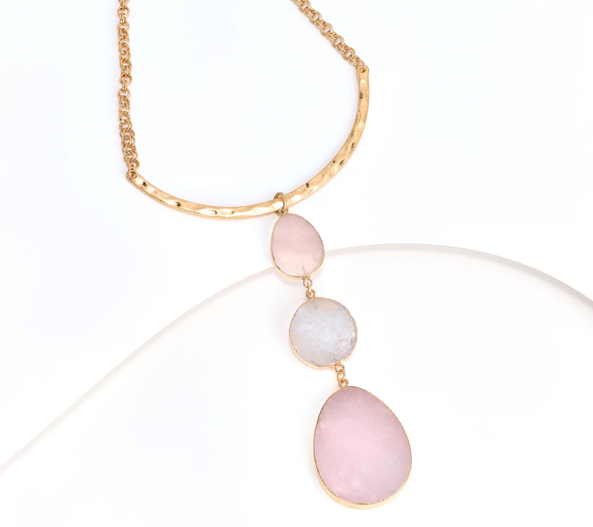 Susan Graver Semi-Precious Three Drop Necklace, GoldTone, Light Rose