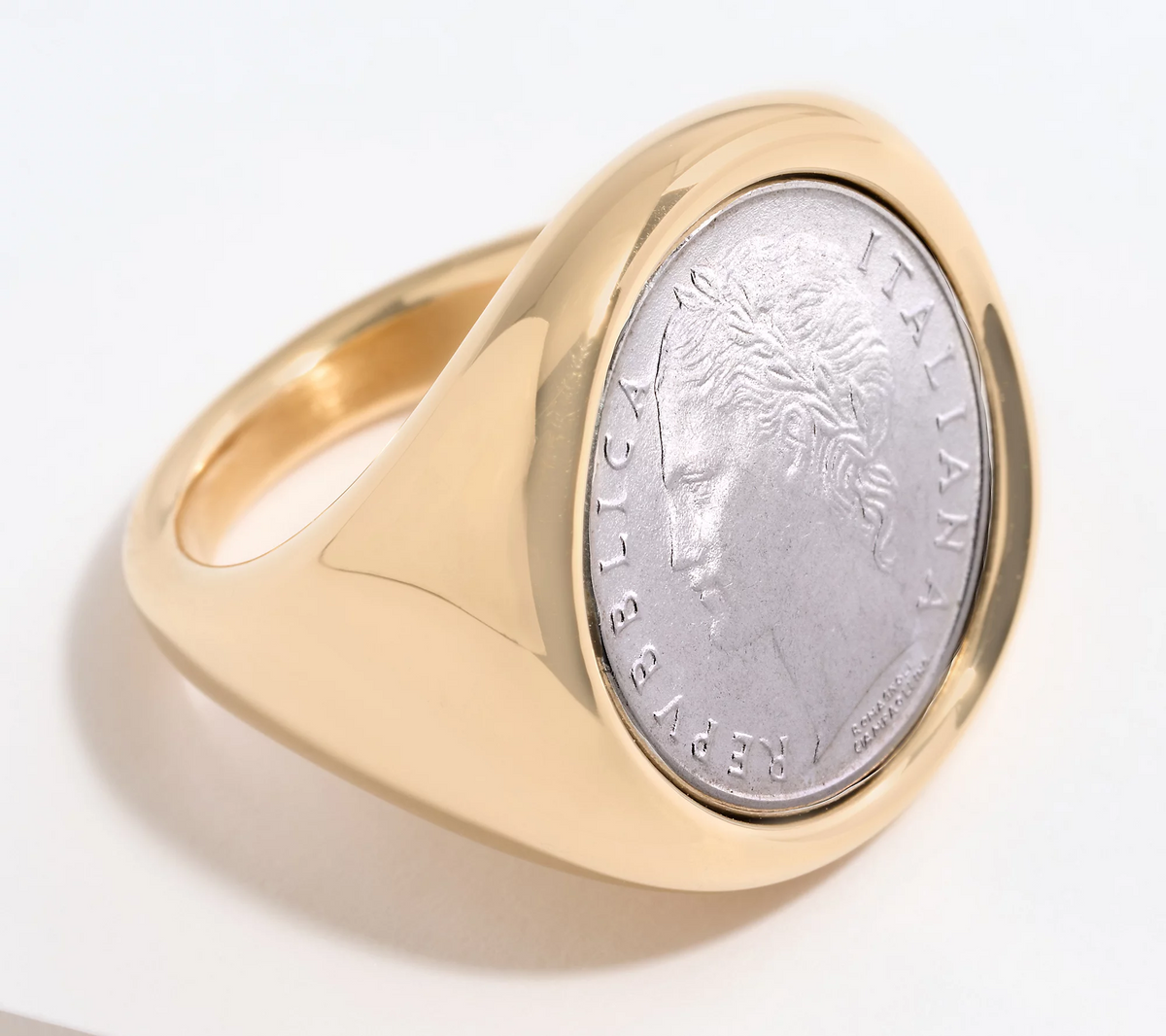 BellaOro 14K Yellow Gold Over Resin 100 Lire Coin Ring. Size 9