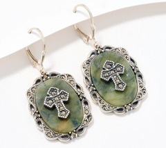 Connemara Marble Sterling Silver Cross Earrings with Marcasite Accents