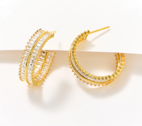 Diamonique Double Row Baguette Cut Hoop Earrings, Gold tone  Sterling Silver, 13/16" x 1/4" x 1/2"