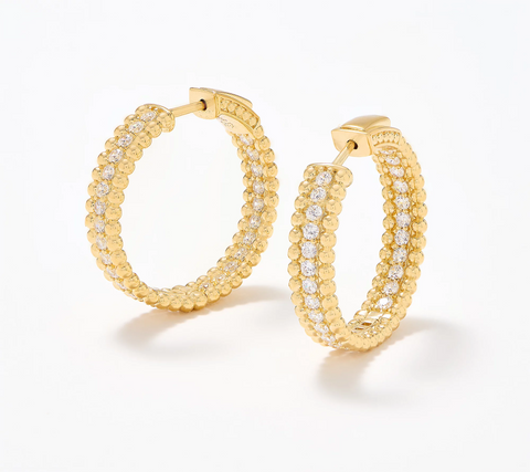 Diamonique Bead Texture Hoop Earrings, Gold tone Sterling Silver, 15/16" x 3/16" x 1/16"