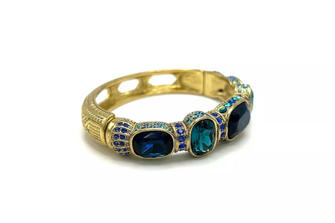 Heidi Daus Triple Play Pave Aurora Blue Crystal Goldtone Cuff Bracelet 7-1/4"