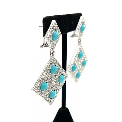 Rachel Zoe Silvertone Clear Crystal & Blue Cabochon Drop Earrings. 1-1/2"