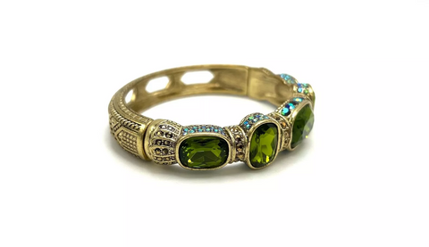 Heidi Daus Triple Play Pave Green Multi-Crystal Goldtone Cuff Bracelet 7-1/4"