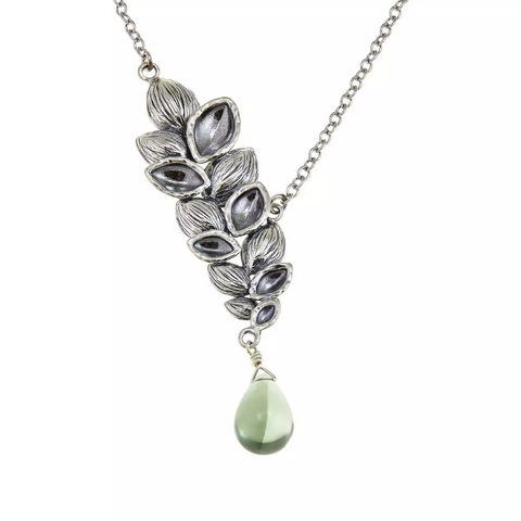 LiPaz Sterling Silver Green Prasiolite Gem Drop Leaf Necklace 17"+2"