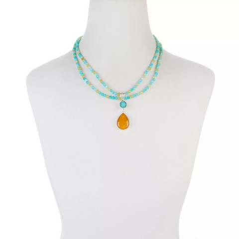 Jay King Amazonite & Orange Opal Pendant with Double-Strand Necklace. 18"