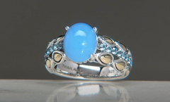 JAI Sterling & 14K Blue Agate & Topaz Pave Lotus Band Ring, Size 8