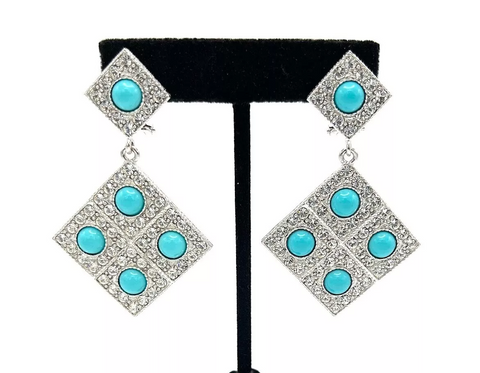 Rachel Zoe Silvertone Clear Crystal & Blue Cabochon Drop Earrings. 1-1/2"