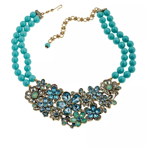 Heidi Daus "Flower Show" 2 Strand Turquoise Blue Beaded Crystal Drop Necklace.