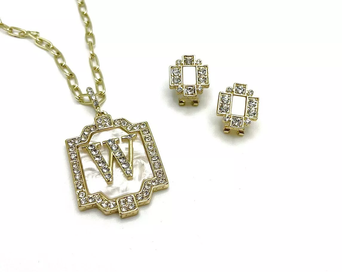 Heidi Daus "W" Initial Offering Necklace & Stud Clip-On Earrings Set 18-1/4"