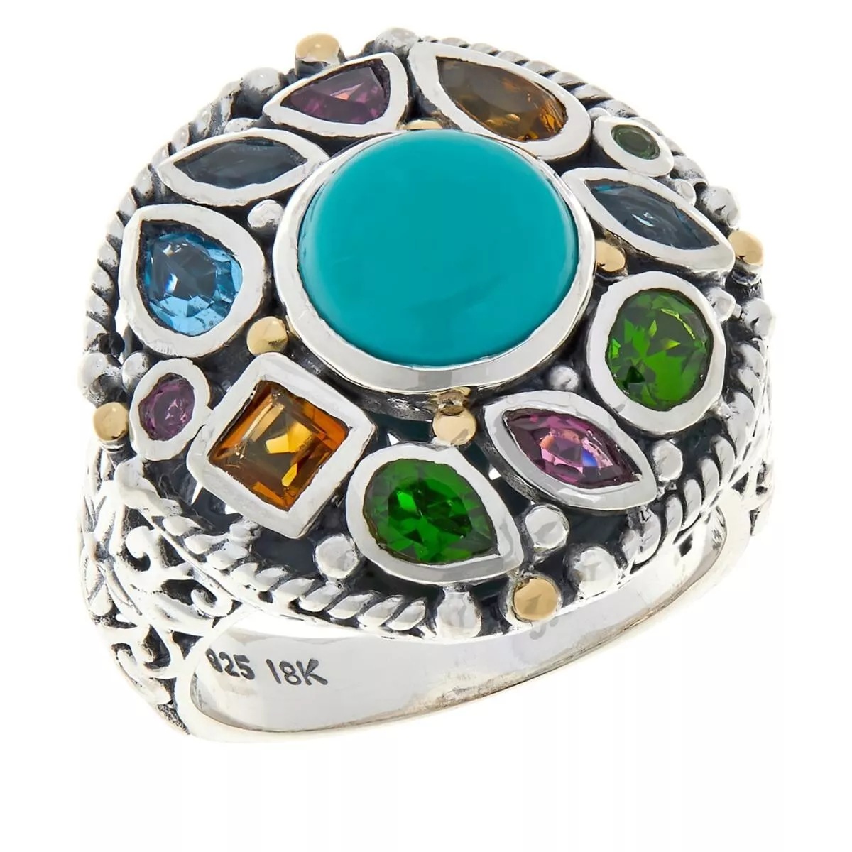 Bali RoManse Sterling Silver Turquoise and MultiGemstone Round Ring