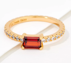 Diamonique x Lisa Freede Red and Clear Baguette Ring, Goldtone Size 7