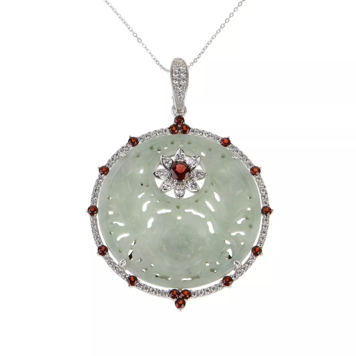 Jade of Yesteryear Sterling Silver Carved Jade & Garnet Pendant w/ 18" chain.