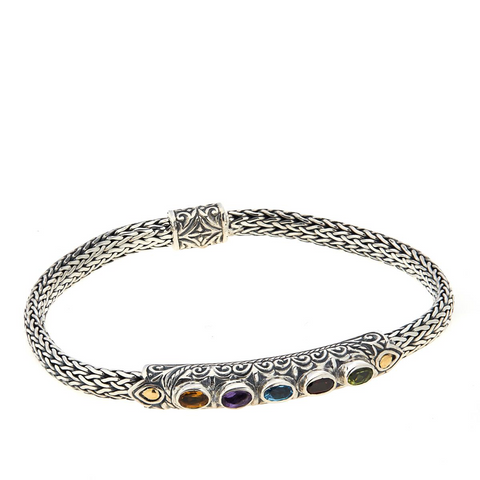 Bali RoManse Sterling Silver & 18K Multigemstone Tulang Naga Bracelet. 6-3/4"