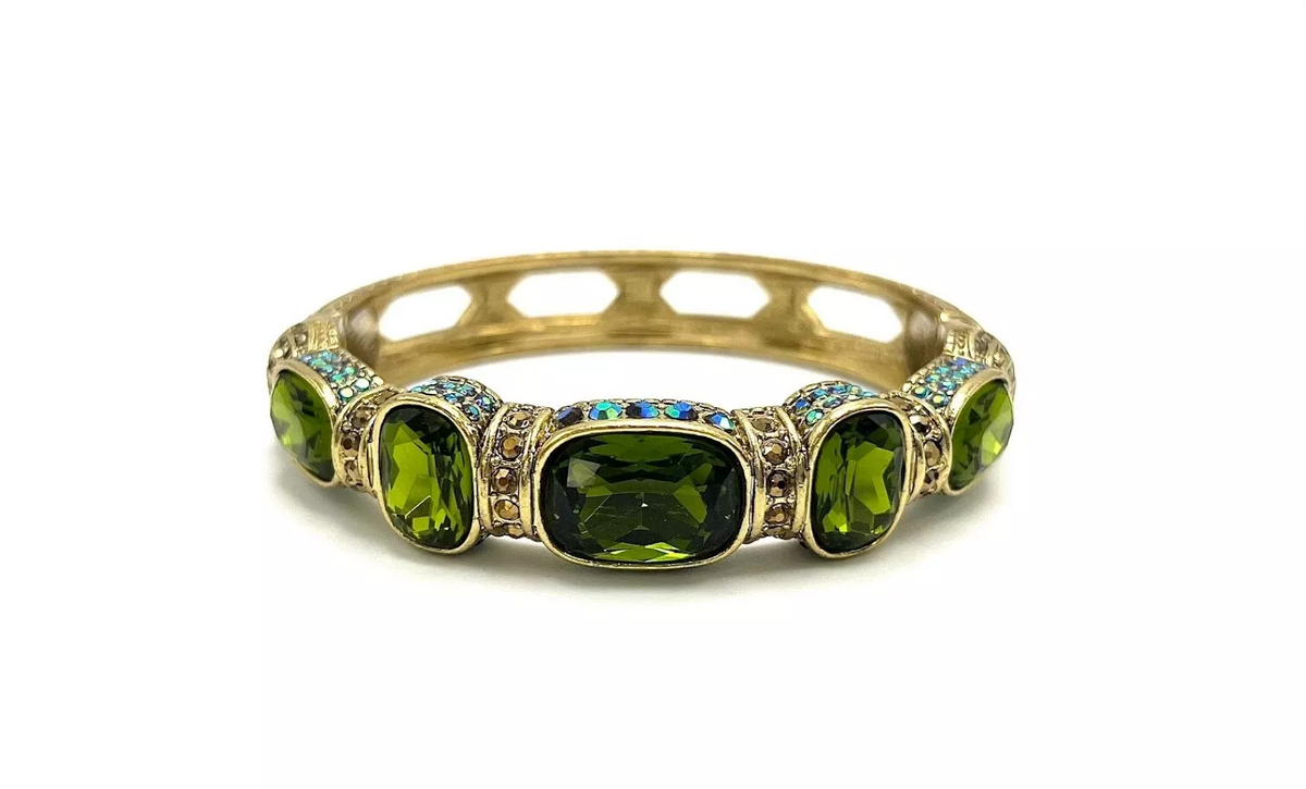 Heidi Daus Triple Play Pave Green Multi-Crystal Goldtone Cuff Bracelet 7-1/4"