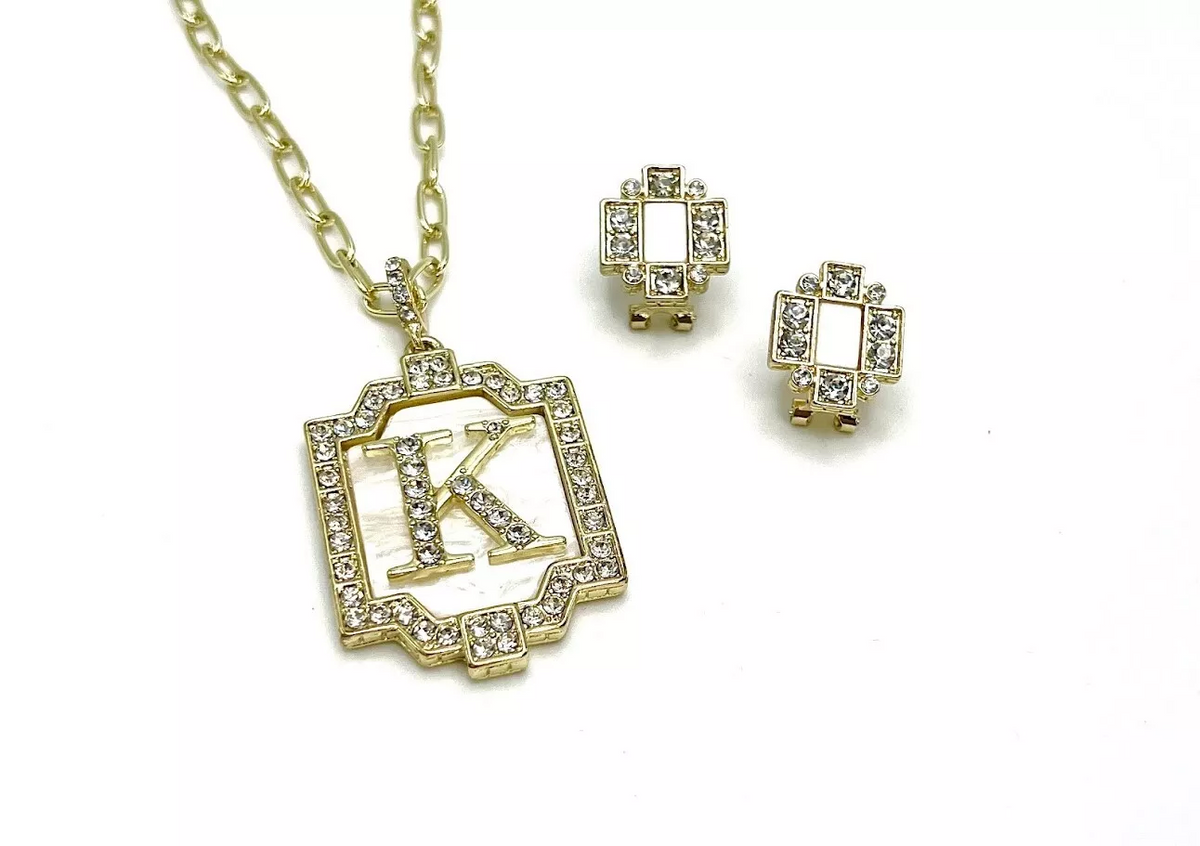 Heidi Daus Goldtone "K" Initial Offering Necklace & Stud Earrings Set 18-1/4"