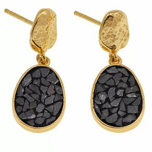 Joya Crushed Black Diamond Art-Deco Oval Goldtone Drop Earrings