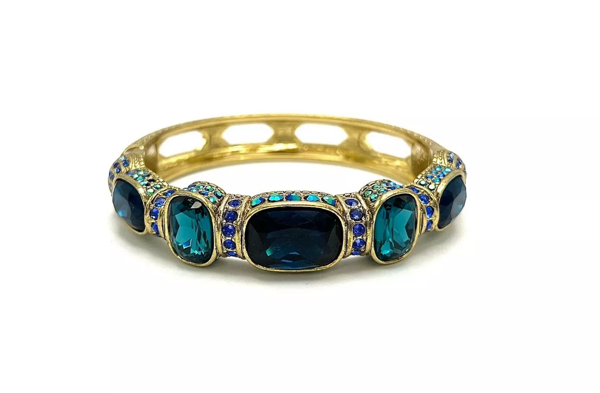 Heidi Daus Triple Play Pave Aurora Blue Crystal Goldtone Cuff Bracelet 7-1/4"