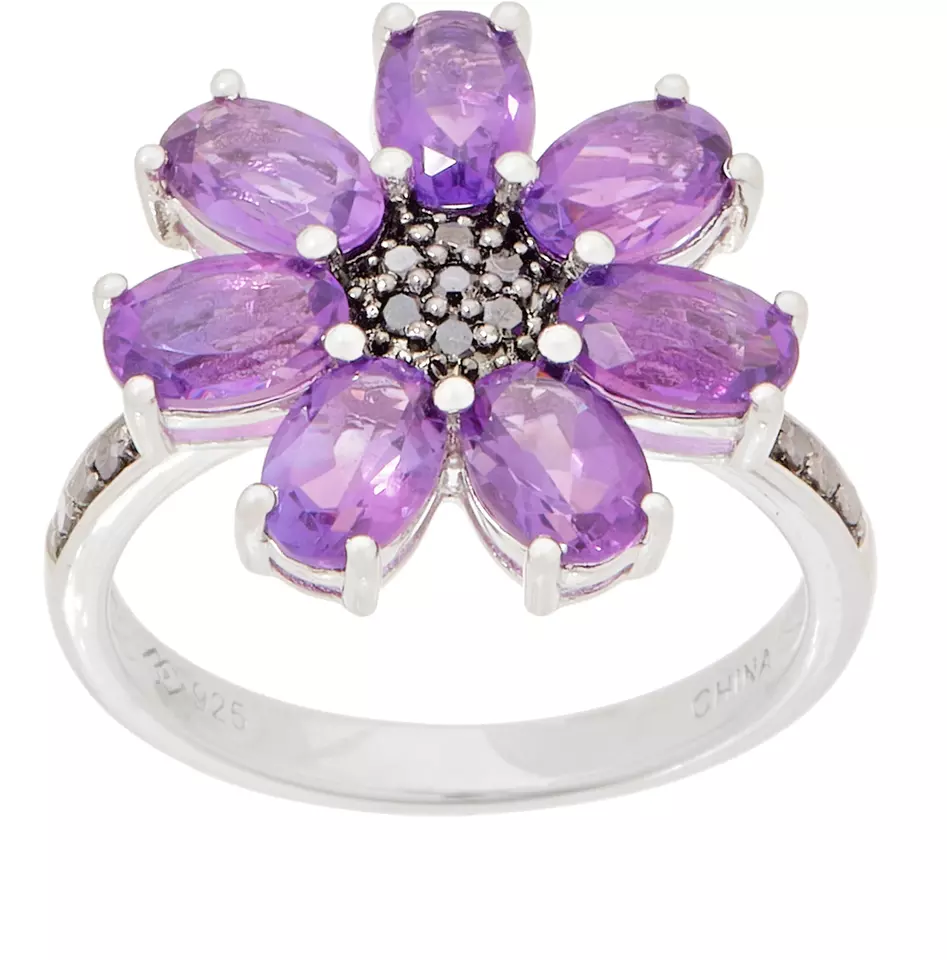 QVC Sterling Silver Amethyst & Diamond Floral Cocktail Ring Size 7