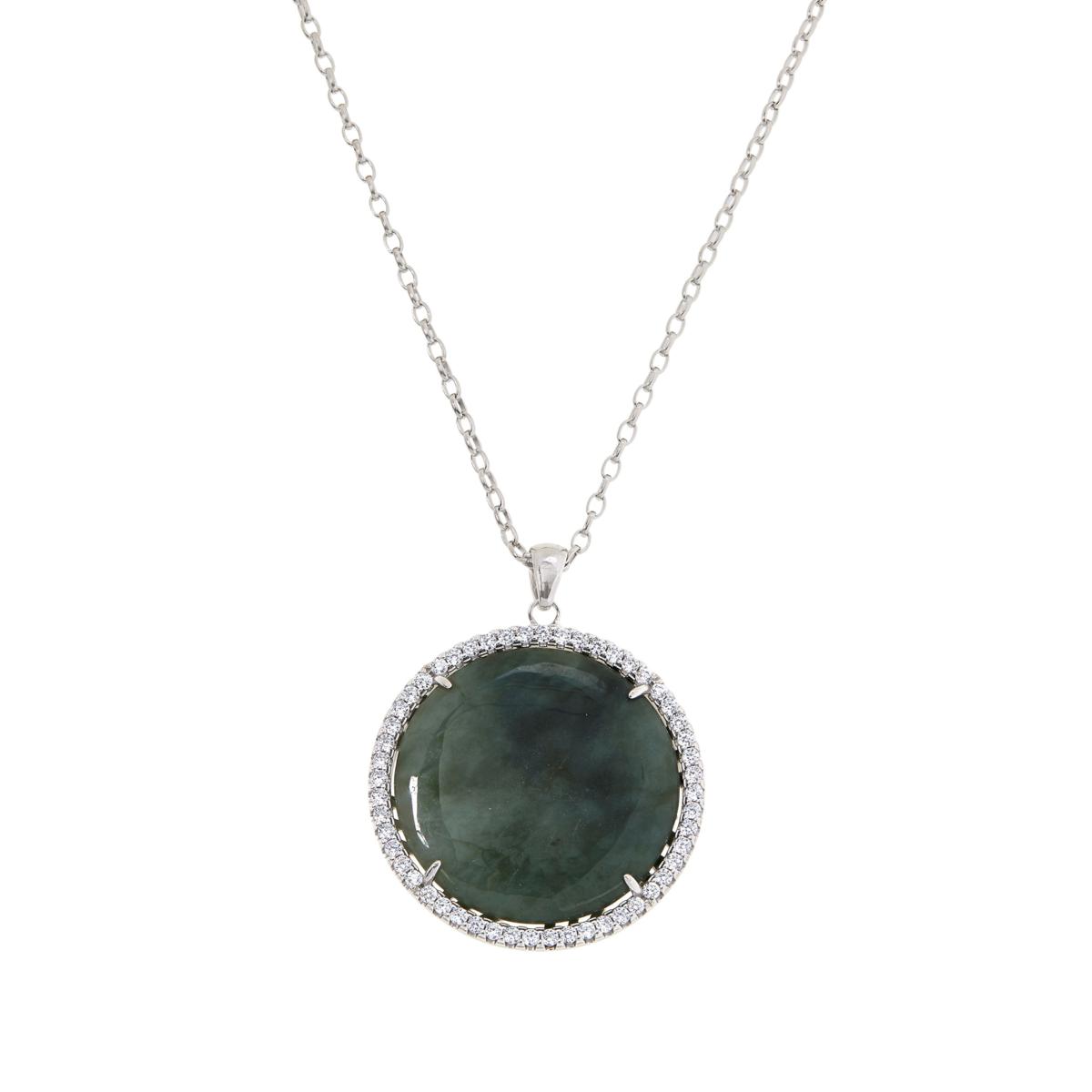 Jade of Yesteryear Round Dark Green Jade and CZ Halo Pendant with Chain