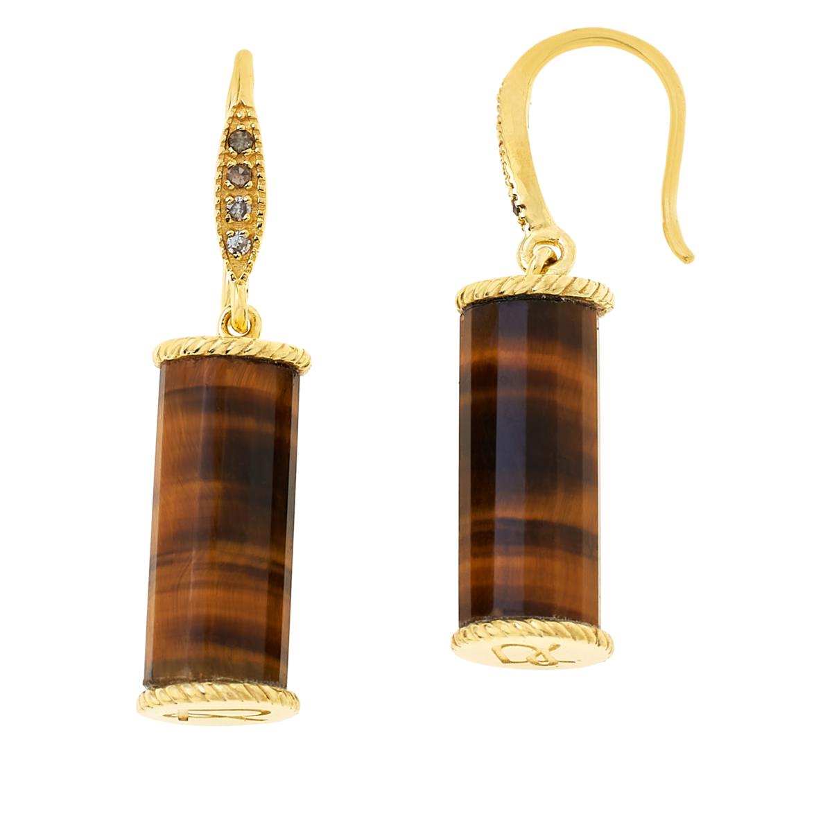 Rarities Barrel Cut  Tigers Eye and Champagne Diamond Drop Earrings