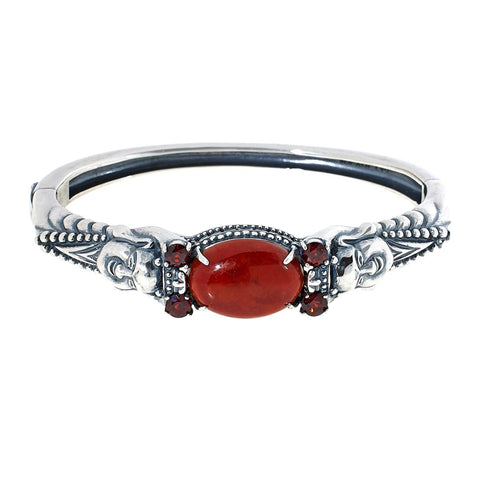 Jade of Yesteryear Sterling Silver Red Jade Buddha Bangle, 6-1/2" to 7"