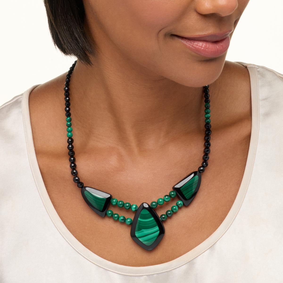 Jay King Sterling Silver Black Chalcedony and Malachite Inlay Necklace