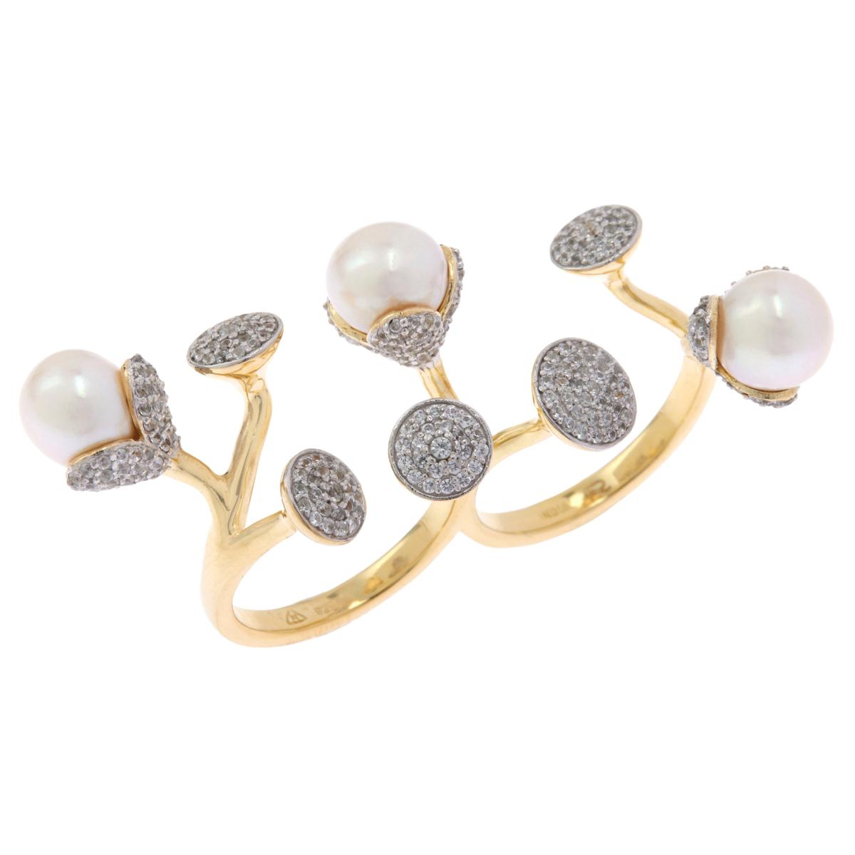 Rarities Pearl & White Zircon Gold-Plated Double Finger Ring, Sz 8