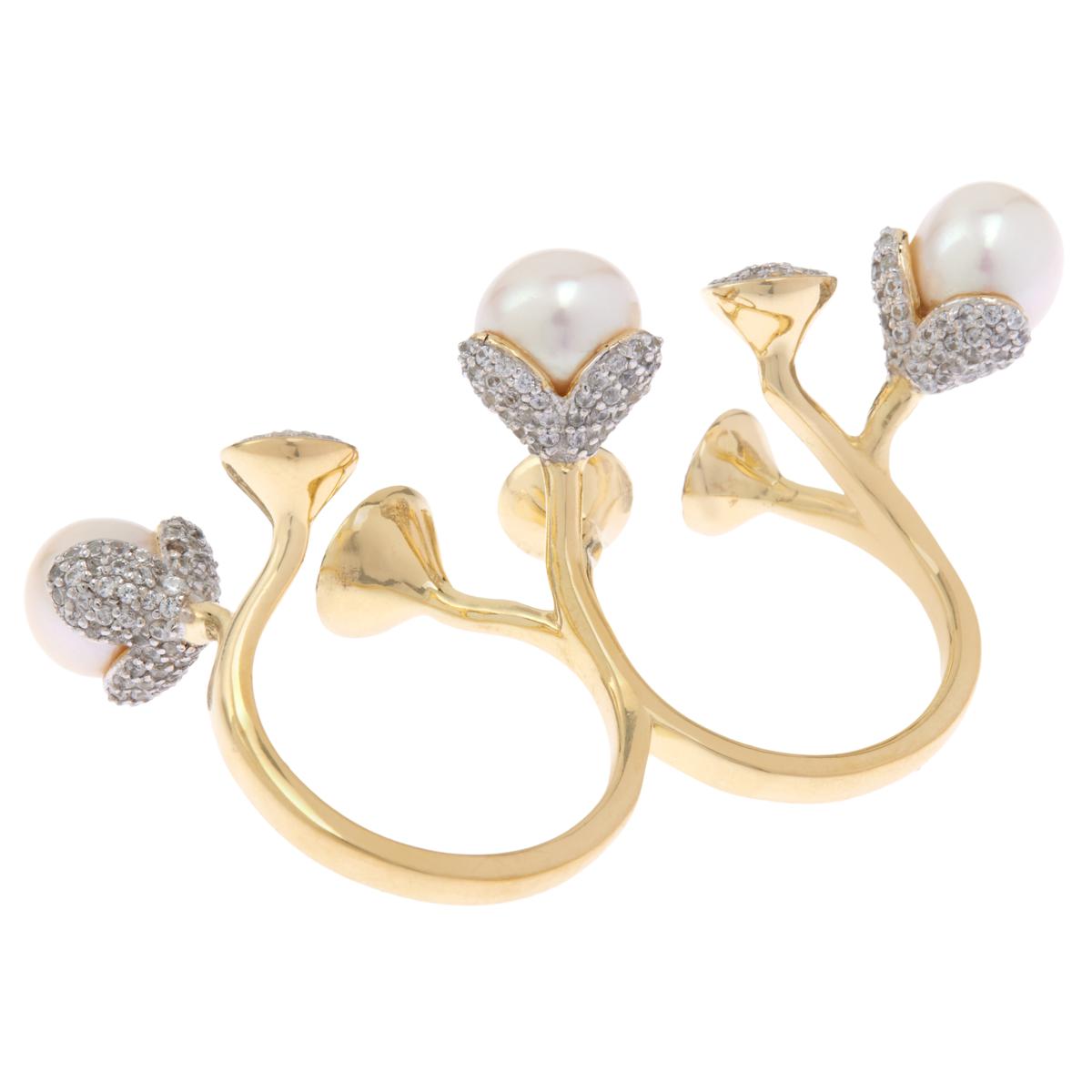 Rarities Pearl & White Zircon Gold-Plated Double Finger Ring, Sz 8