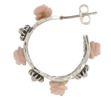 Artisan Crafted Sterling Carved Pink Opal Flower Hoop Earrings