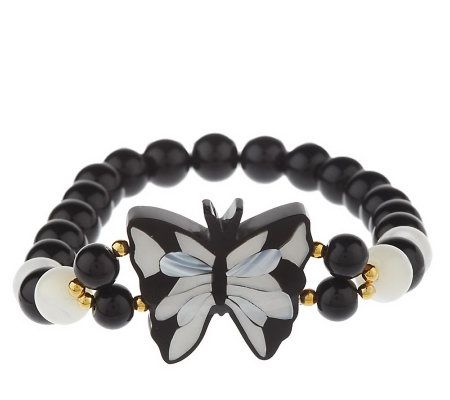 Lee Sands Wildlife Gemstone Inlay Beaded Stretch Butterfly Bracelet 6-3/4"