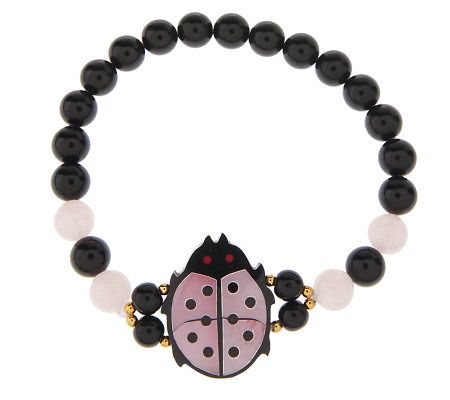 Lee Sands Wildlife Gemstone Inlay Beaded Stretch Ladybug Bracelet 6-3/4"