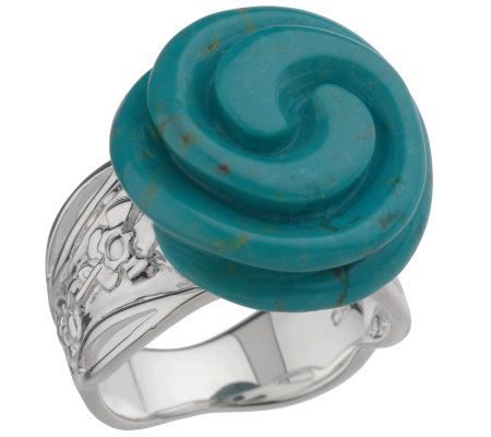 Sterling Silver Blue Turquoise Carved Flower Band Ring Size 6