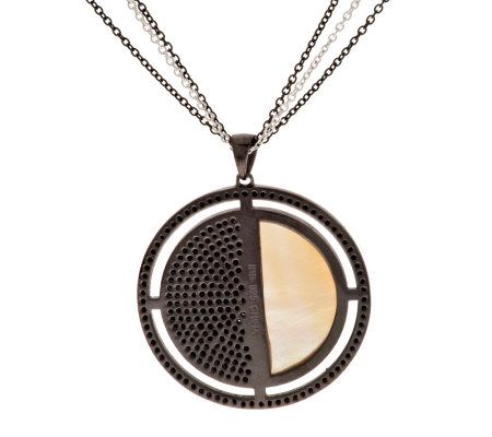 Black Spinel & Mother of Pearl Sterling Silver Pendant w/Chain 18"