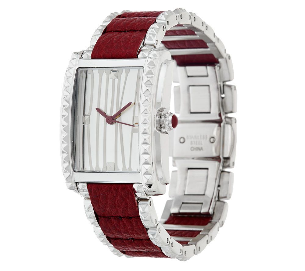 Judith Ripka Red Leather Inset Vogue Watch,  Merlot, Small