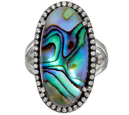 Graziela Gems Abalone Doublet & White Zircon Sterling Ring Size 5