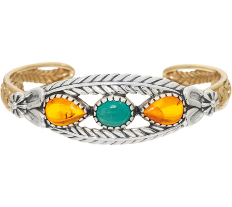 American West Sterling Silver & Brass Amber & Turquoise Cuff Bracelet 6"