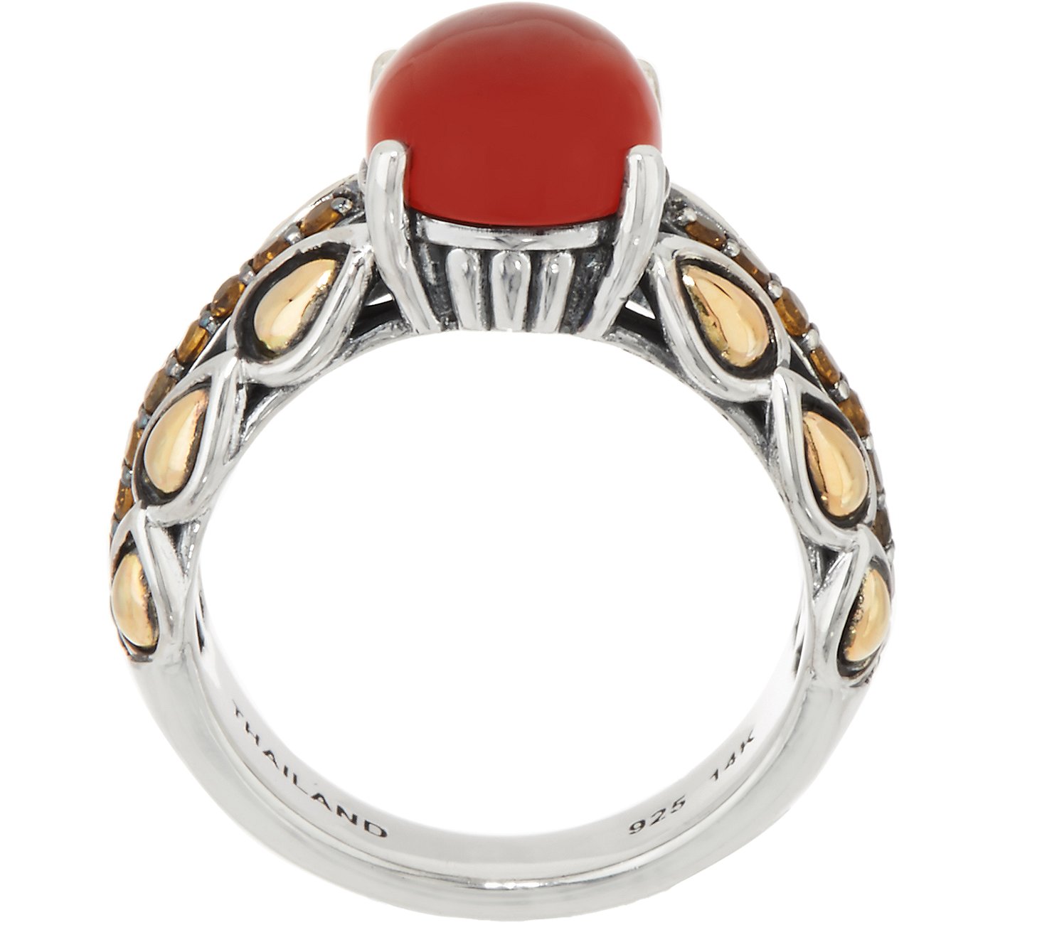 JAI Sterling & 14K  Carnelian & Citrine Pave Lotus Band Ring, Size 7