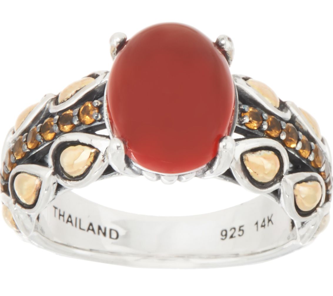 JAI Sterling & 14K  Carnelian & Citrine Pave Lotus Band Ring, Size 7