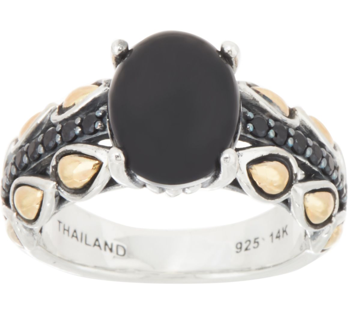 JAI Sterling & 14K Black Onyx & Spinel Pave Lotus Band Ring, Size 8