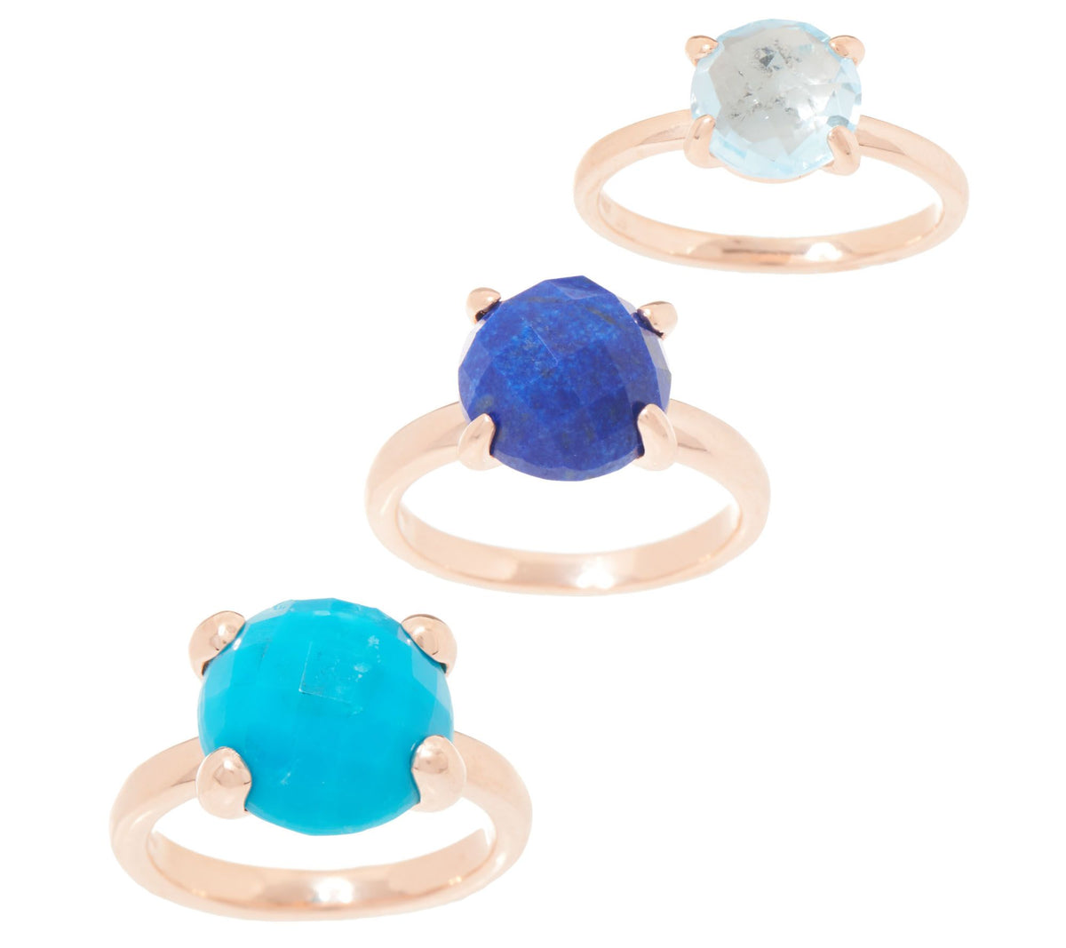 Set of 3 Blue Gemstone Sterling Silver Roseclad Stack Rings Size 10