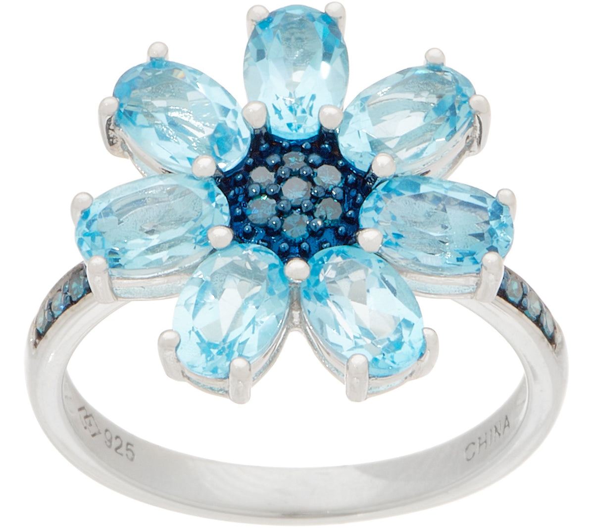 QVC Sterling Silver Blue Topaz & Diamond Floral Cocktail Ring, Size 6