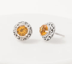 Artisan Crafted Sterling Silver Scroll Design Citrine Stud Earrings