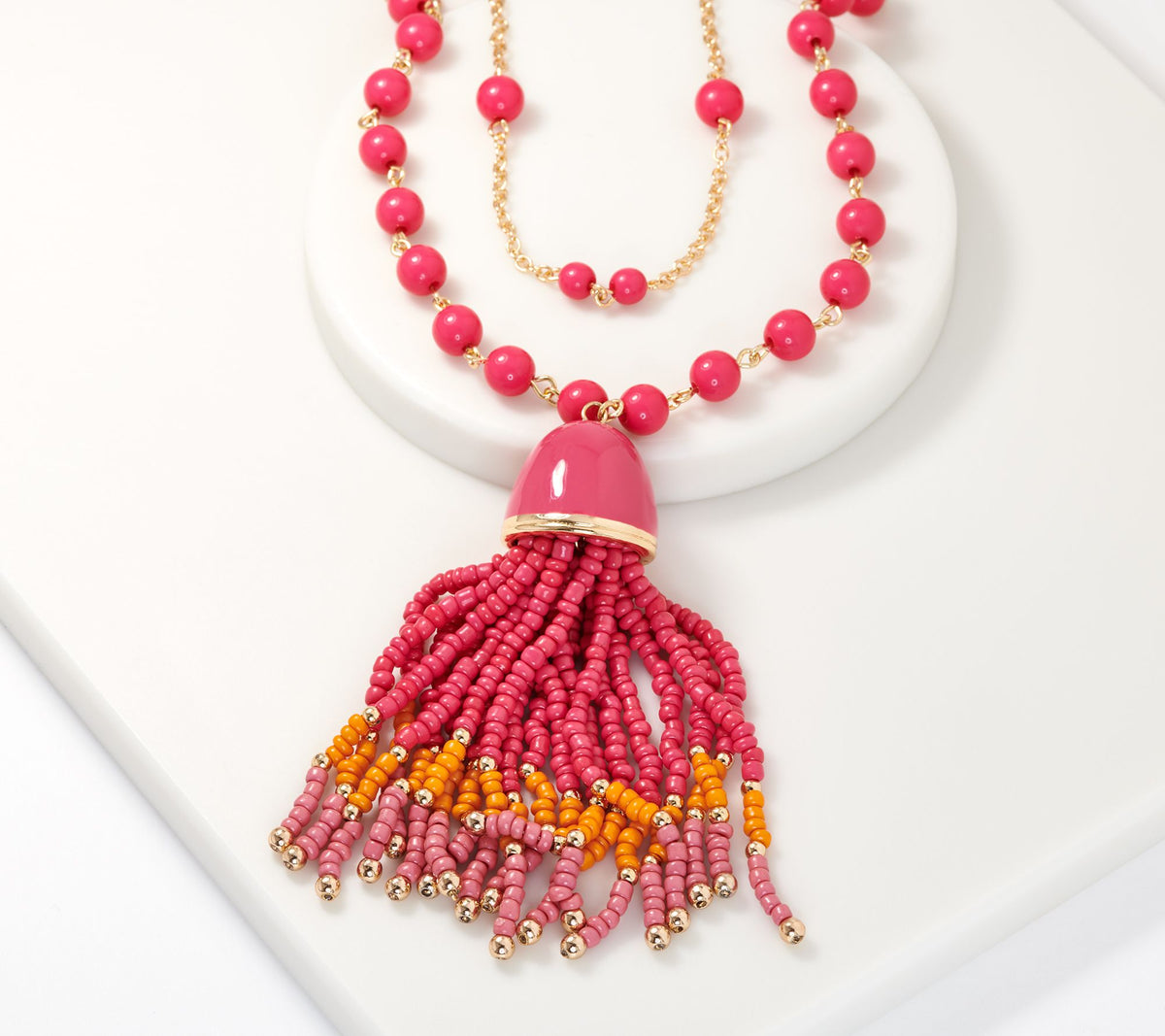 Isaac Mizrahi Live! Double Row Beaded Tassel Necklace, Pink