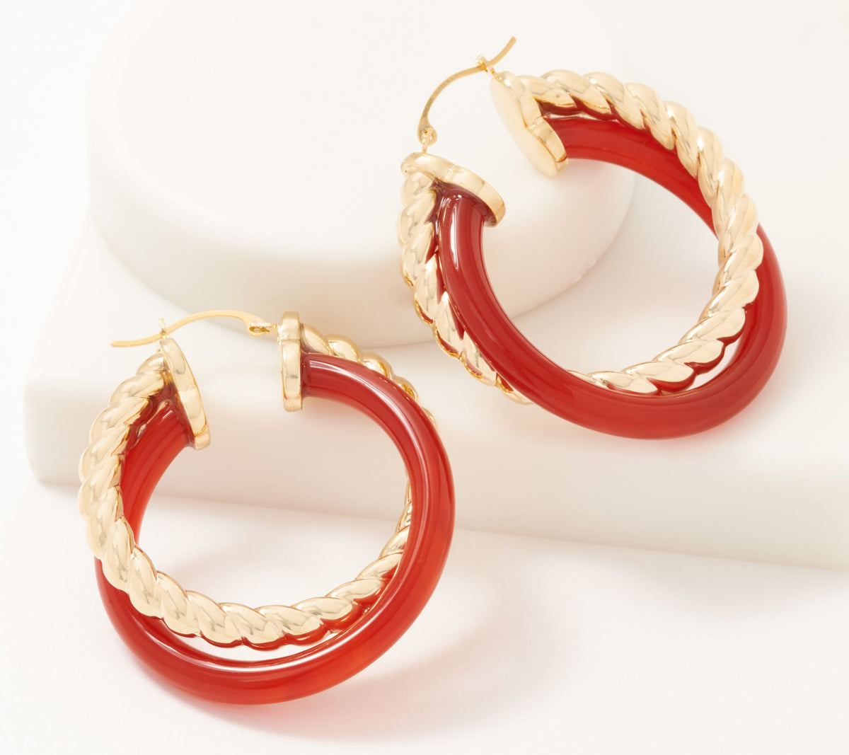 Adorna 14K Gold Electroform Red Gemstone Twisted Hoop Earrings, 1-1/2"