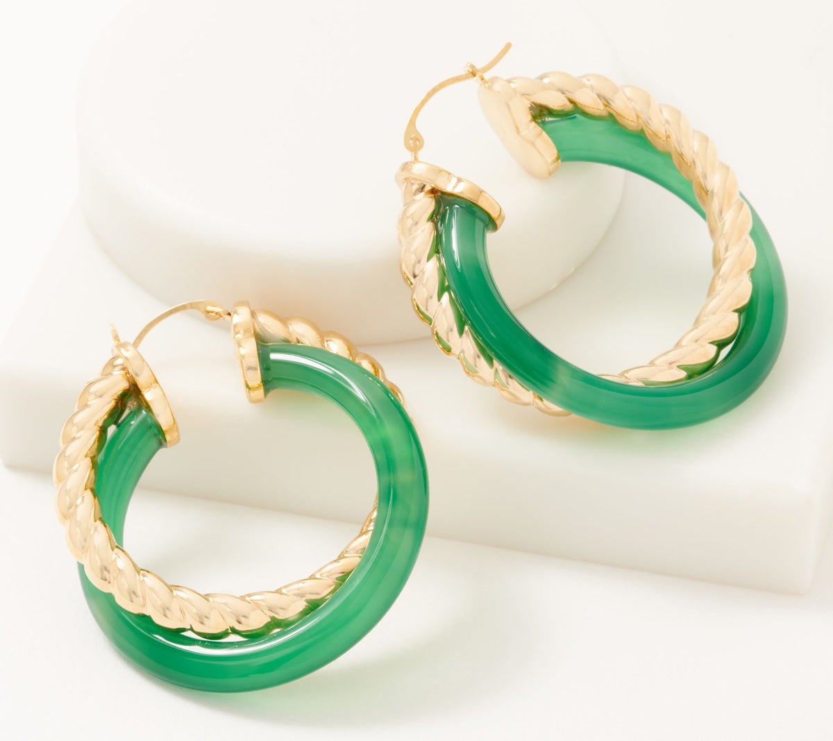 Adorna 14K Gold Electroform Green Gemstone Twisted Hoop Earrings, 1-1/2"