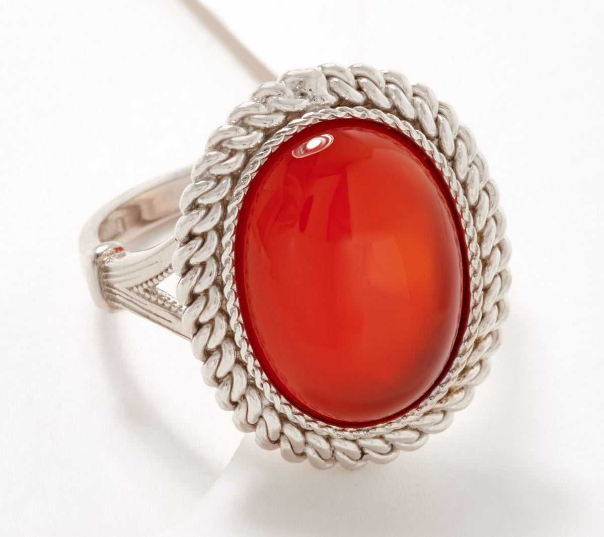 Silver Style Sterling Silver Oval Red Agate with Rope Border Ring, Size 10