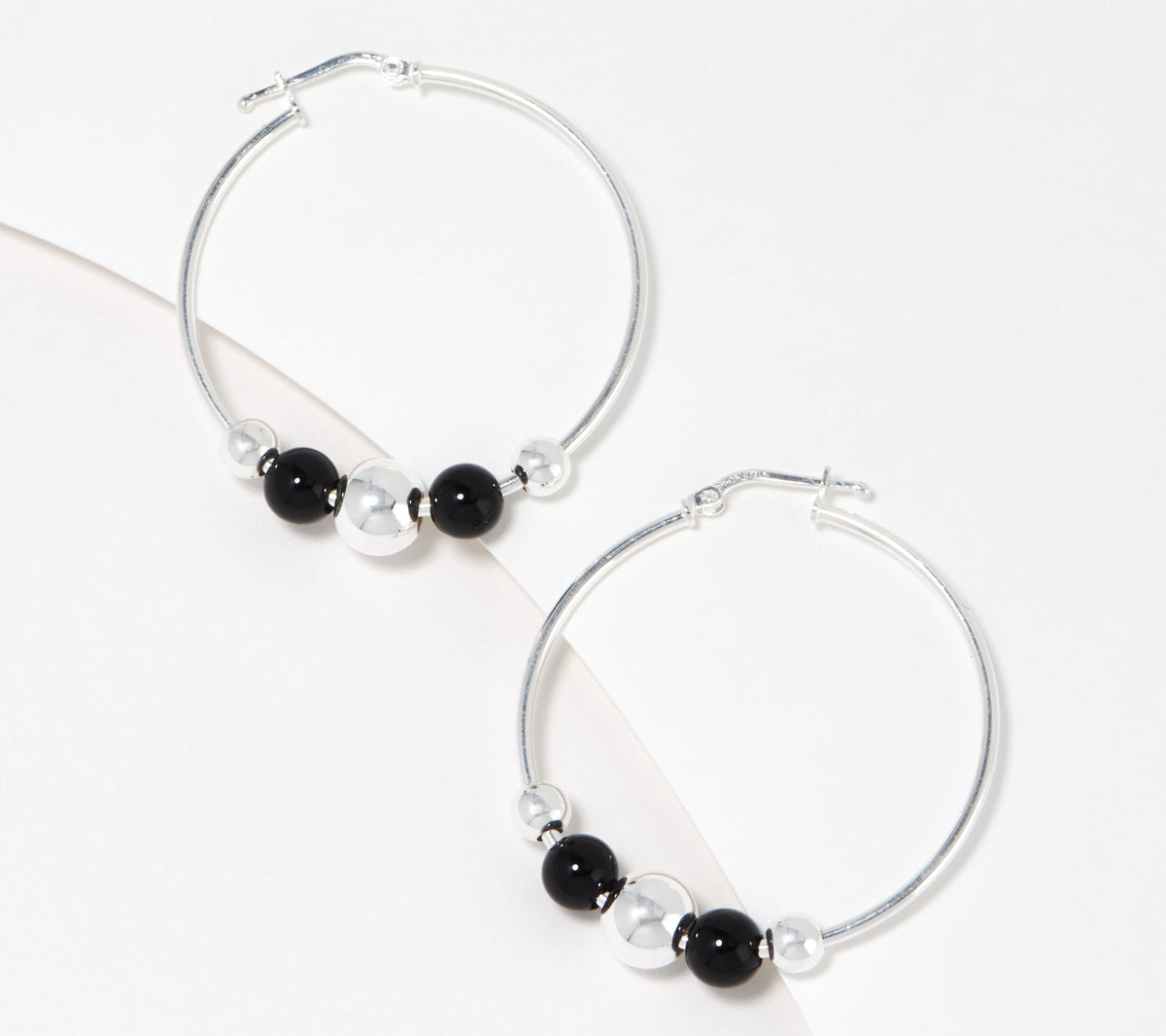 UltraFine 950 Silver Graduated Black Onyx Beaded Hoop Earrings, 1-1/2"